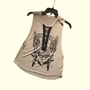 Charlotte Russe Tan & Black Rock N Roll Graphic Lace Up Muscle Tank Top Size XS